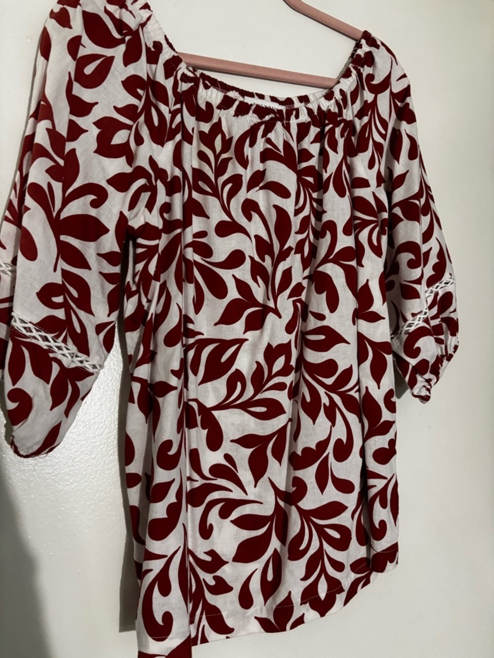 Women's Off-Shoulder Red and White Printed Peasant Top